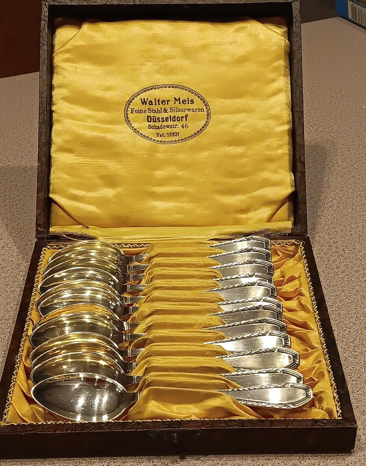 Antique Set 12 WALTER MEIS silverplate SPOONS Original Case GERMANY fancy