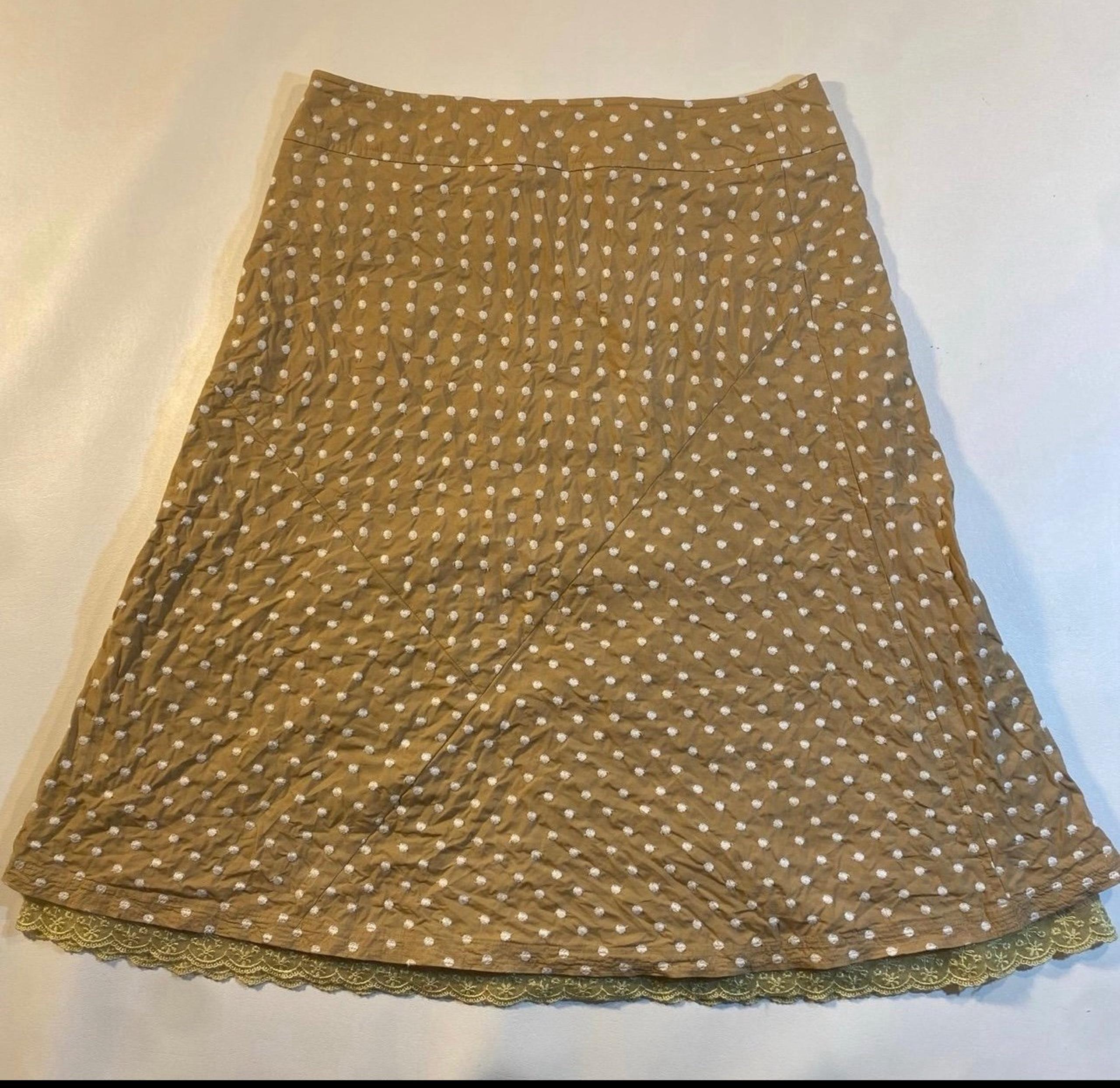 Sigrid Olsen 6 Tan Embroidered Polka Dots A-Line Knee Skirt W Lace Trim Lining