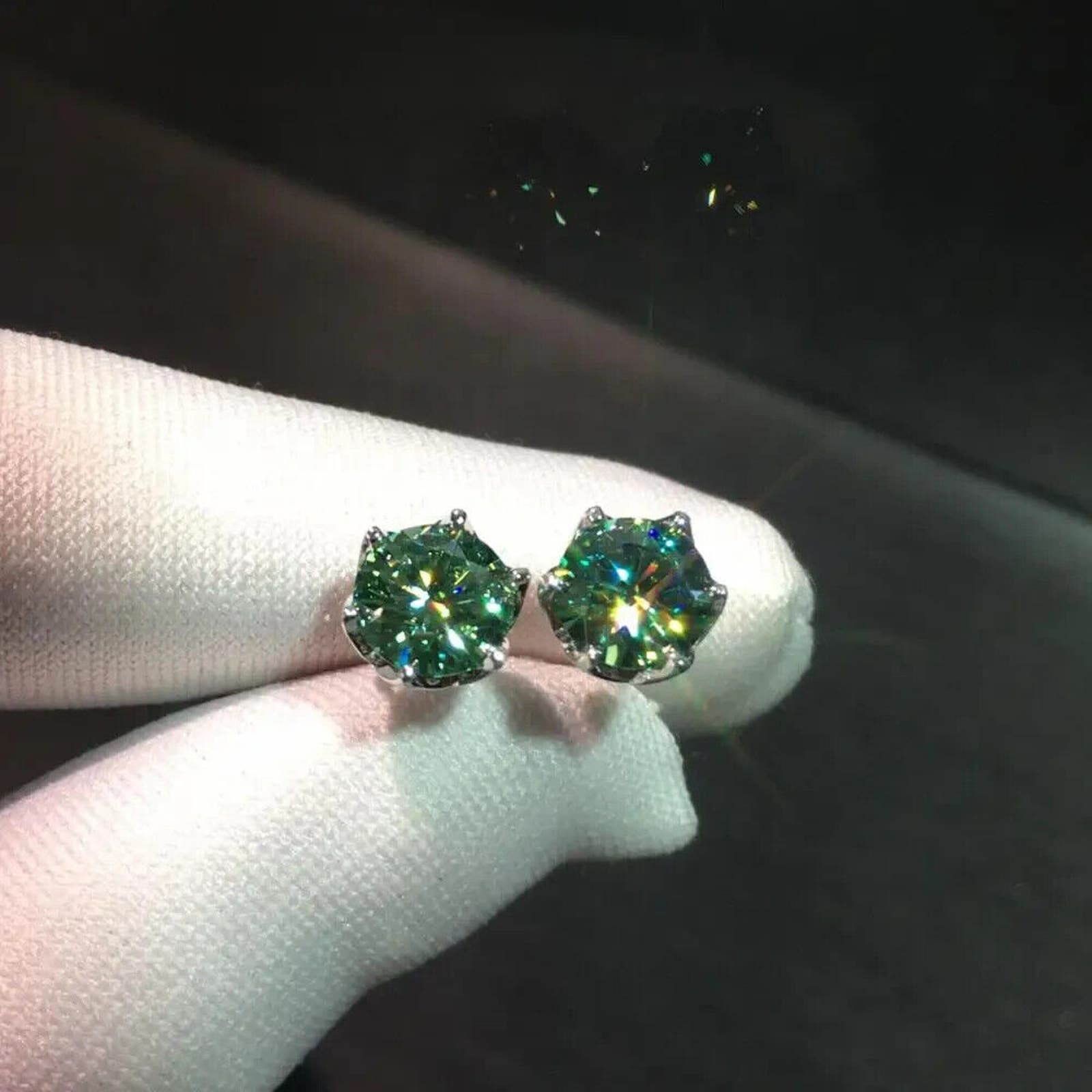 1 CT VVS1 Brilliant Cut Green Moissanite Stud Earrings, Total 2 Carat
