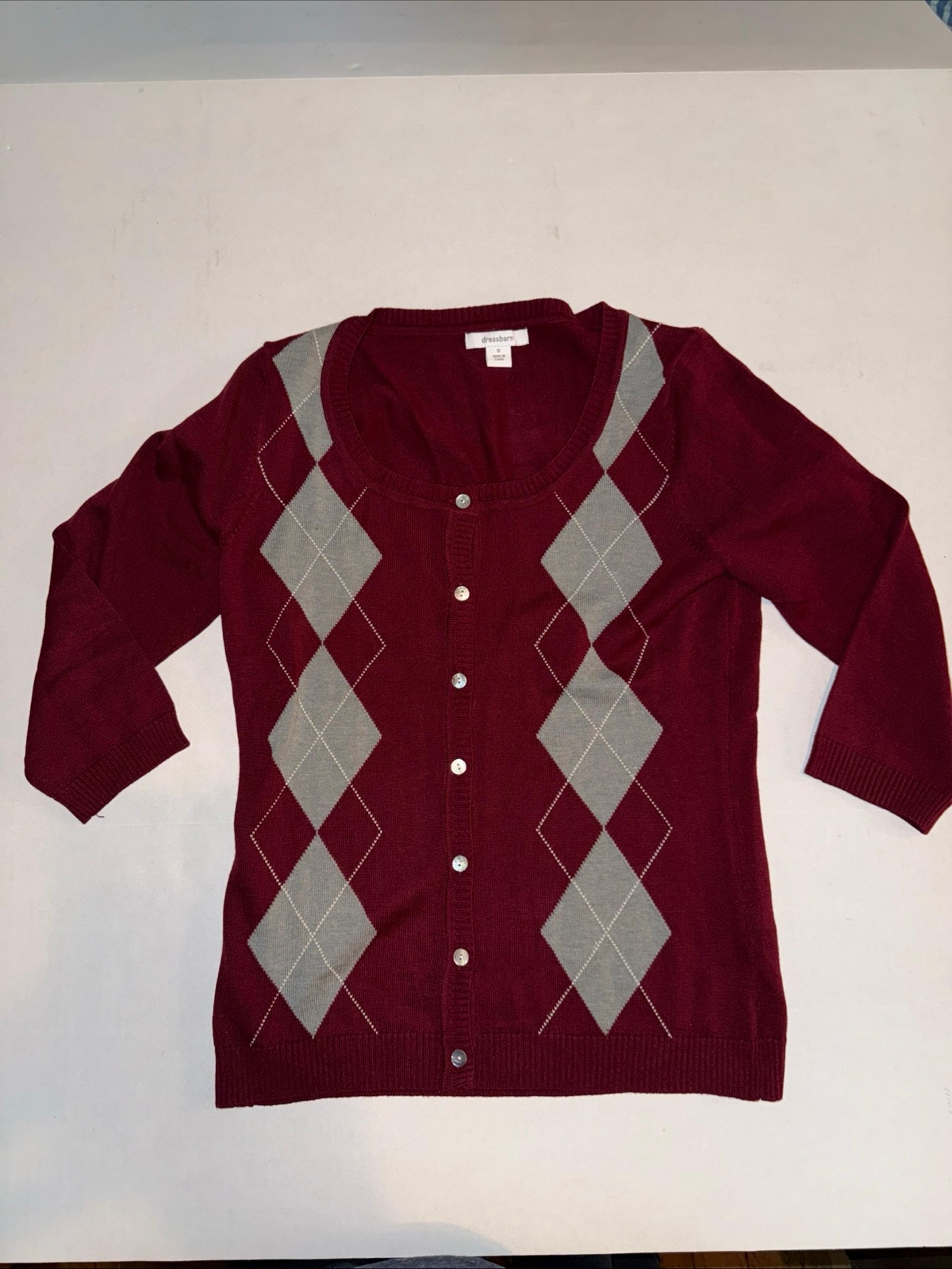 Dressbarn Cardigan Sweater Womens Small Burgundy Wine Gray Argyle
