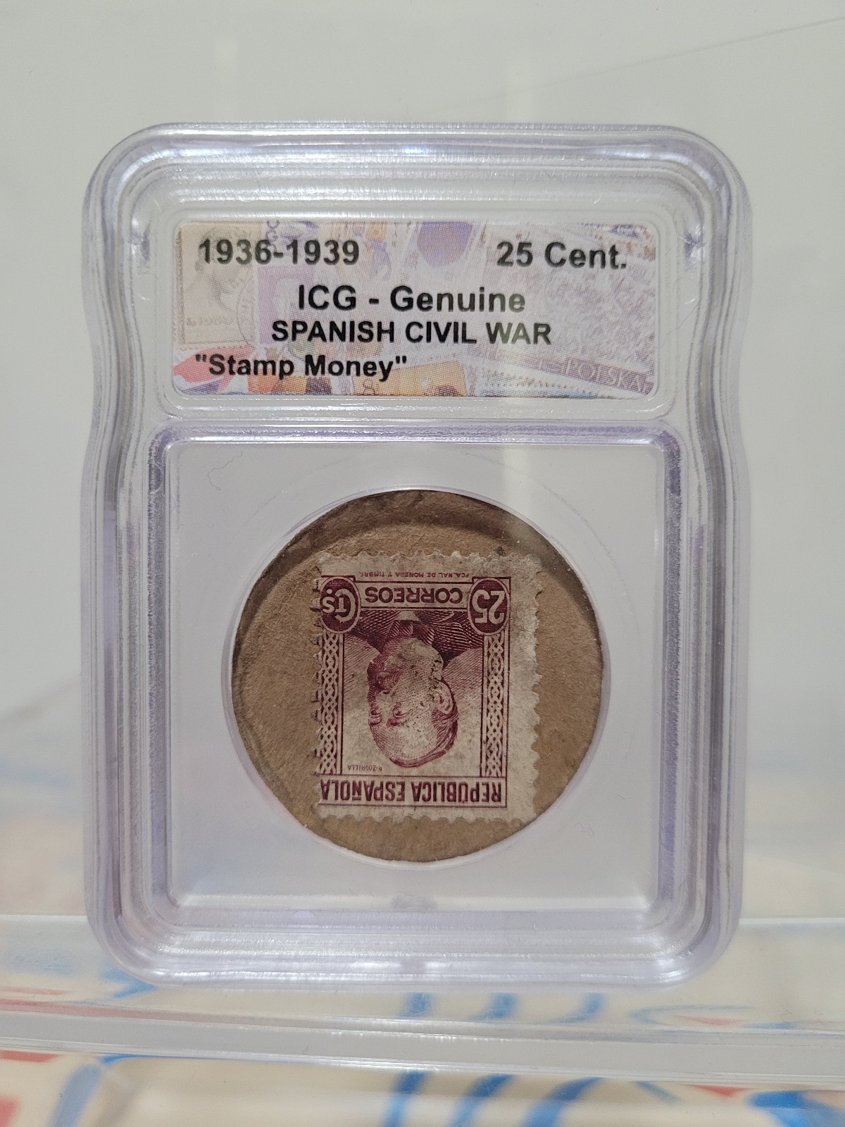 1936-1939 Spanish Civil War Stamp Money ICG-Genuine 25 Cent Coin