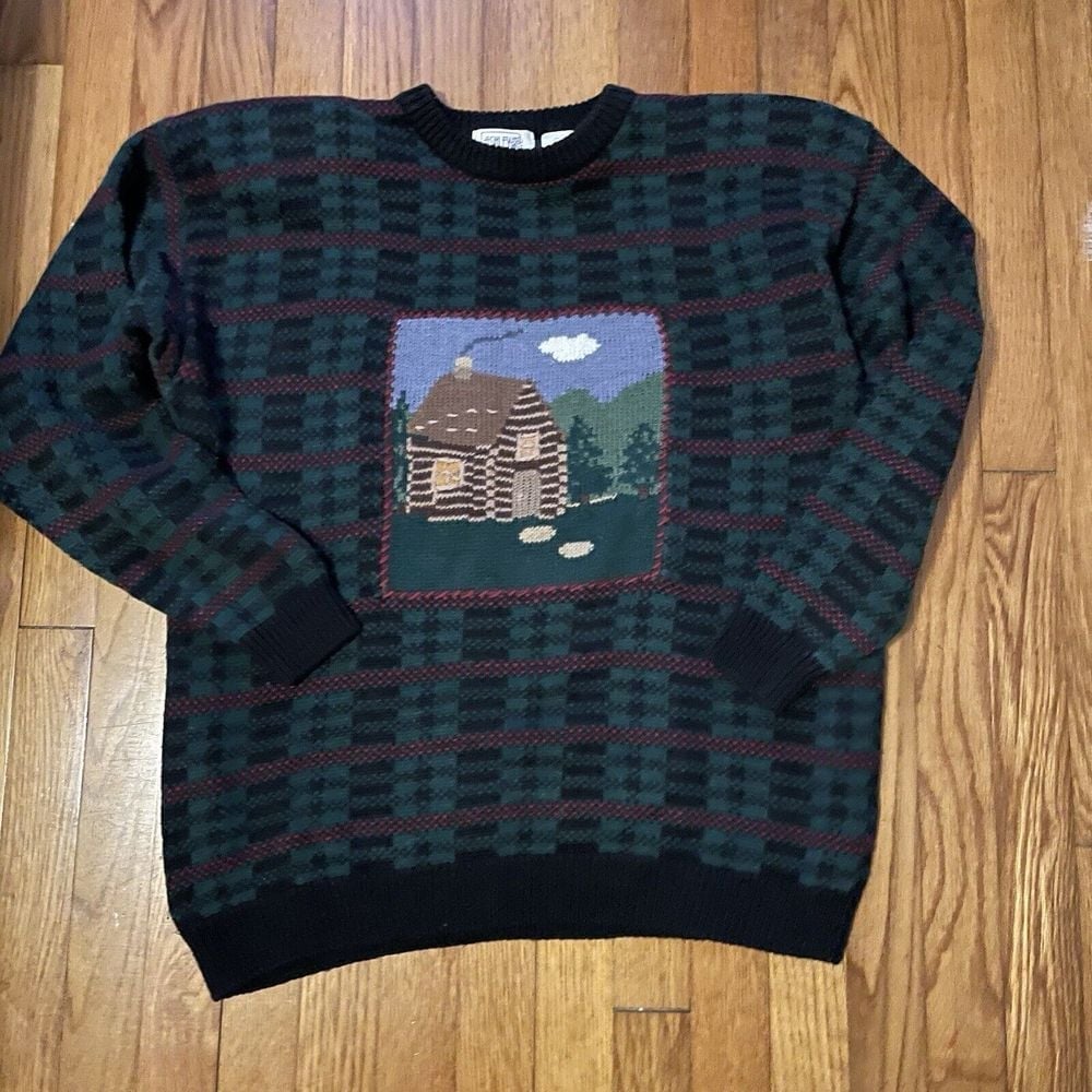 Vintage ASHLEY Hand Embroidered House Print Pullover Sweater Green Blue XL