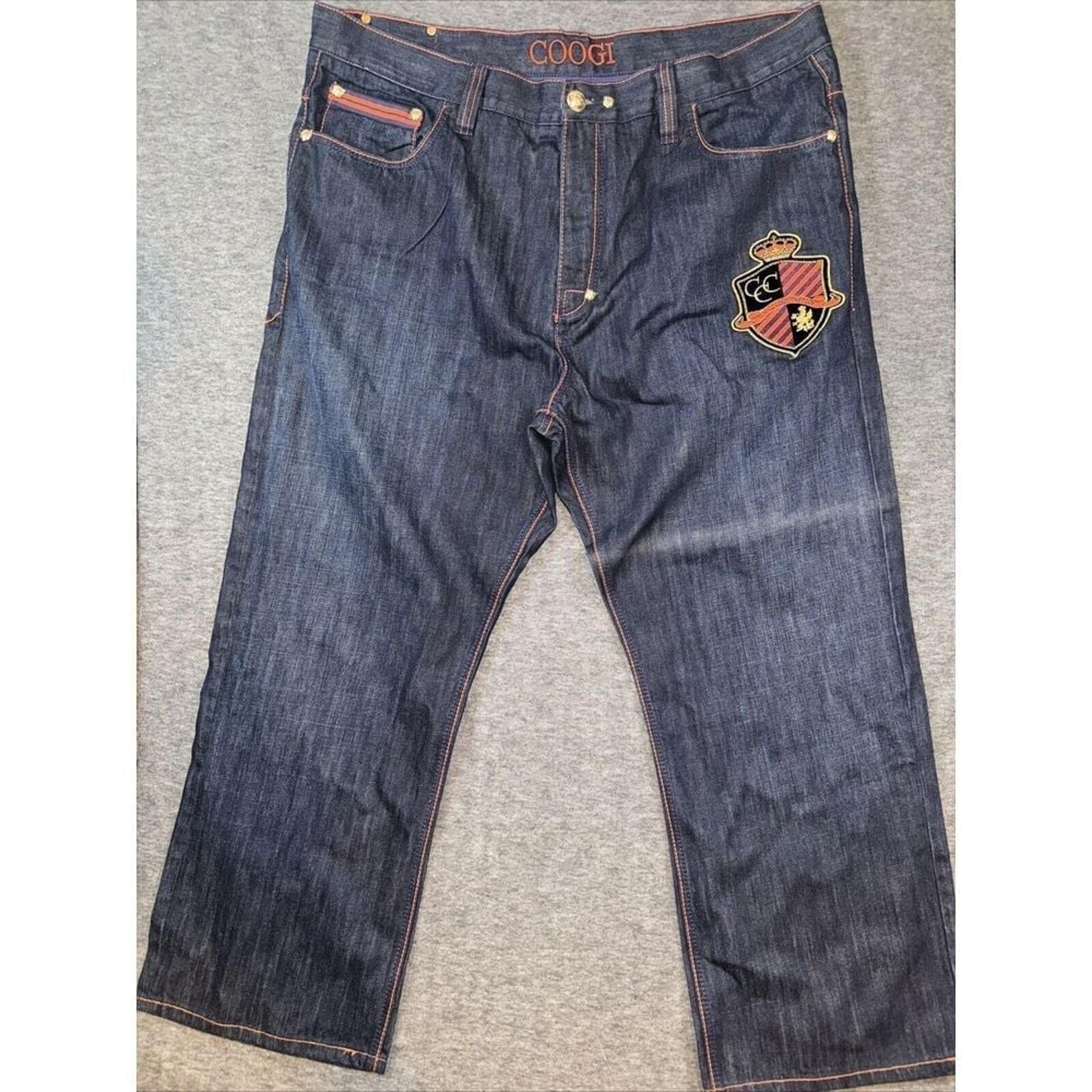 Coogi Country Club Men Denim Jeans Crown Shield Embroidered Baggy Gold 44x32