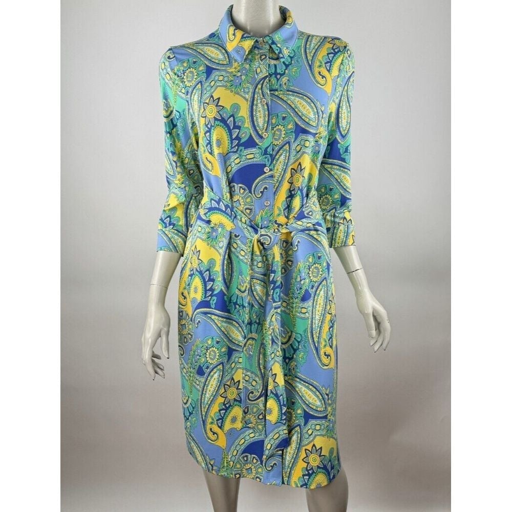 Talbots Dazzling Paisley Belted Jersey Shirtdress Women M EUC 139 3/4 Sleeve