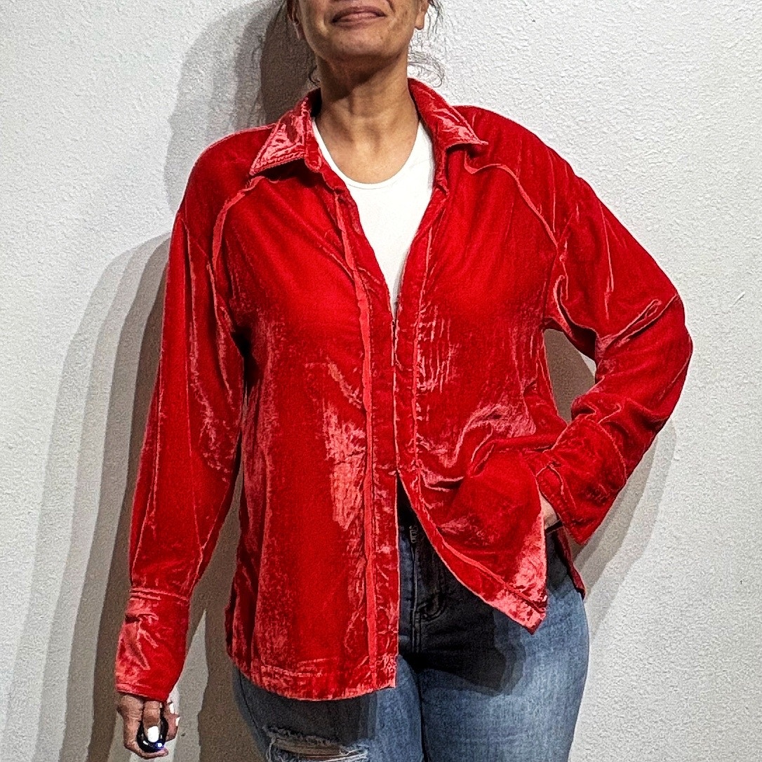 Free People We the Free Marianne Fiery Red Velvet Button Down Blouse Sz S NWT