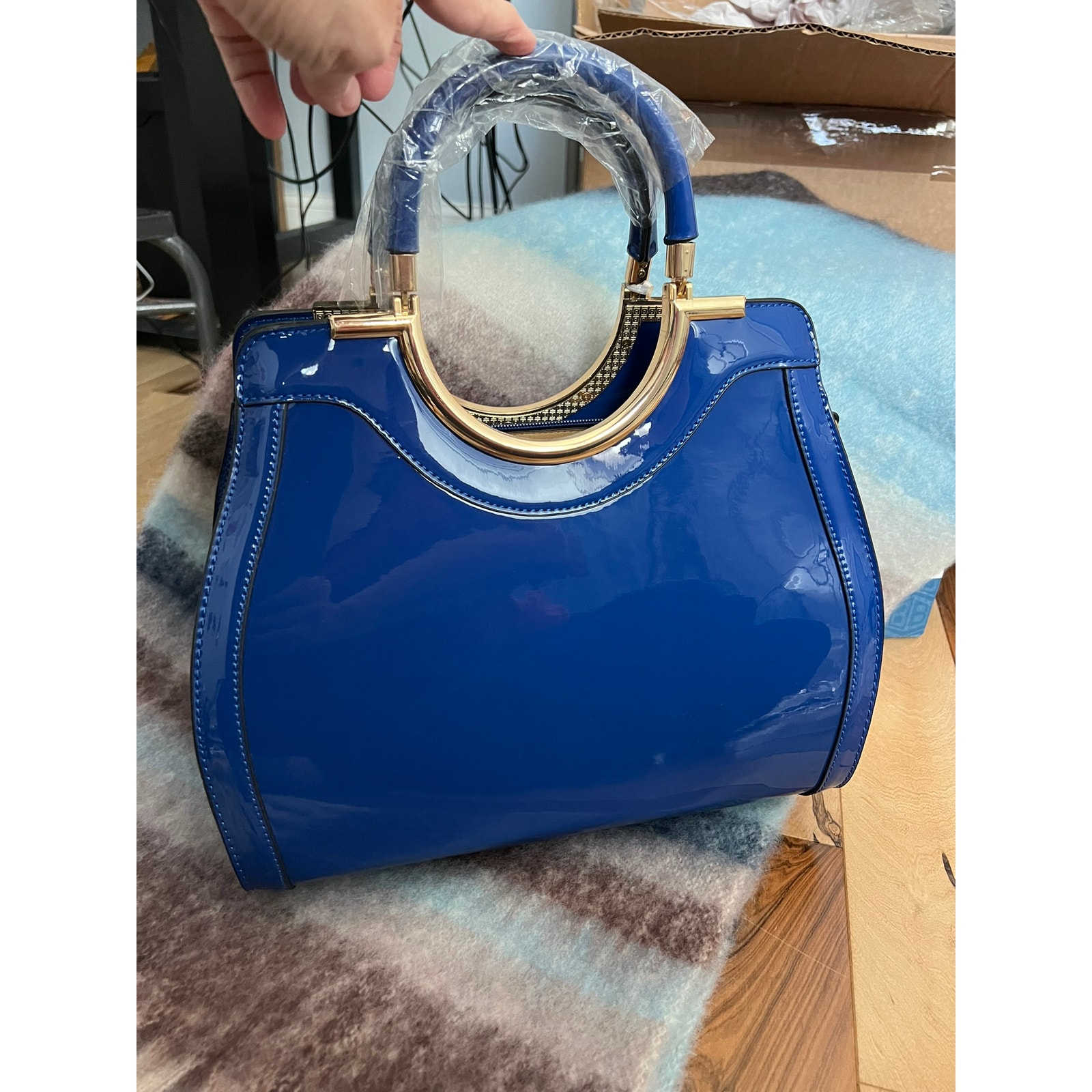 WOMEN'S TOP HANDLE PATENT ROYAL BLUE AND GOLD TONE HANDBAG NWT