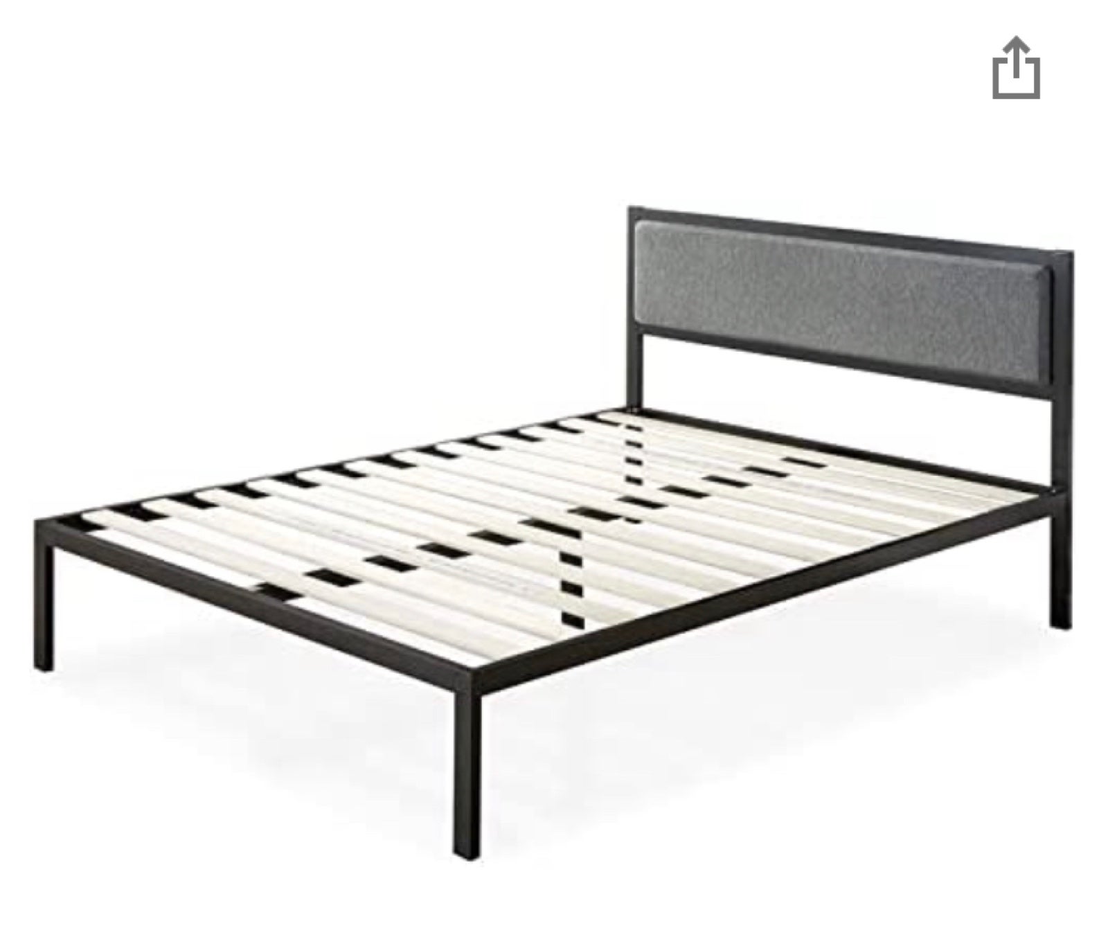 Full Size Black Metal Bed Frame With a Cushioned Contemporary Grey Cloth Headboa