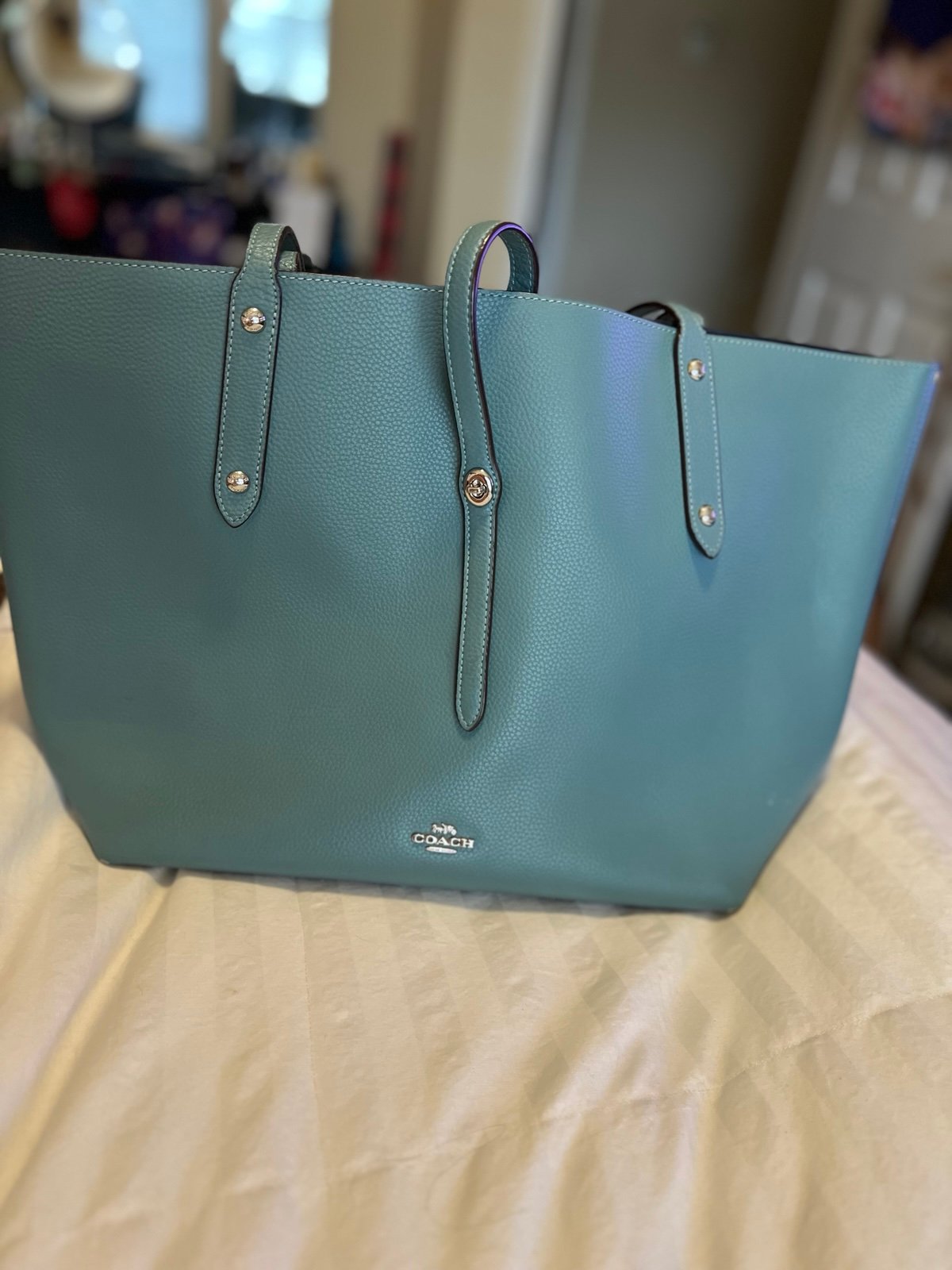 Coach Seafoam Green pebble leather tote