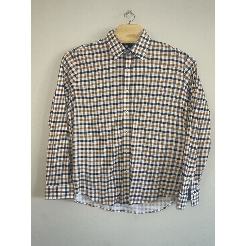 Butter Cloth Men's Long Sleeve Button Shirt Size XL Plaid Blue Brown