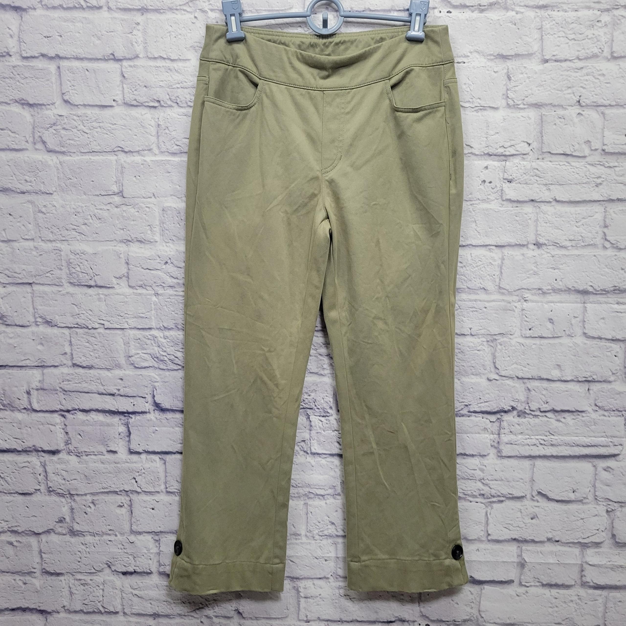 Soft Surroundings Pull On Capri Pants Size S Beige Button Cuffs Stretchy Casual
