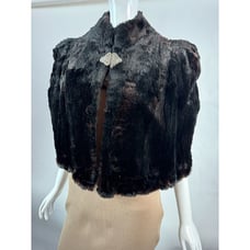Vintage 50s Black Faux Fur Capelet With Satin Trim & Ornate Clasp