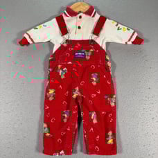 Vintage Oshkosh Vestbak Overalls Corduroy Baby 6-9M Red 2 Piece Bears All Over