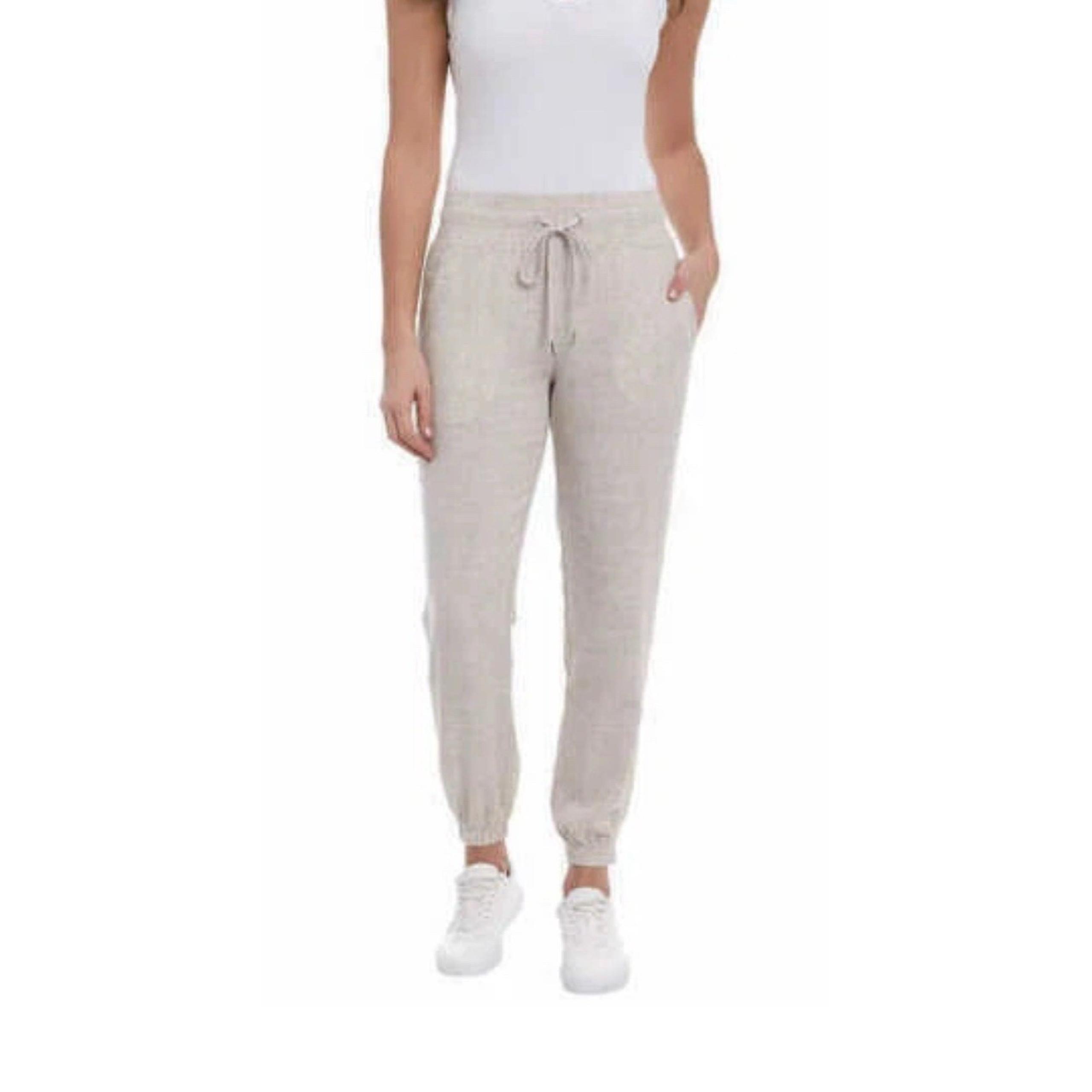 New Briggs Women's Size L Linen Blend Relaxed Fit Jogger Pants Beige Pockets