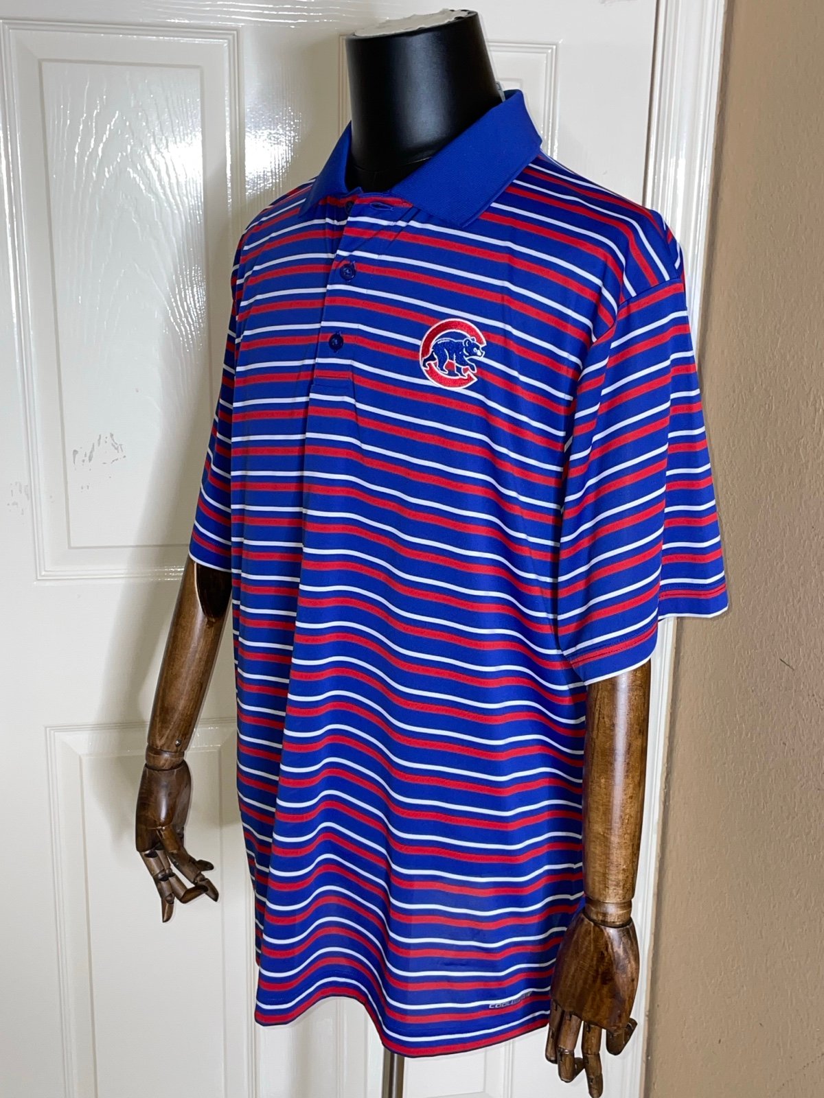 Chicago Cubs Polo Shirt Blue Striped Majestic MLB Men’s Size XL