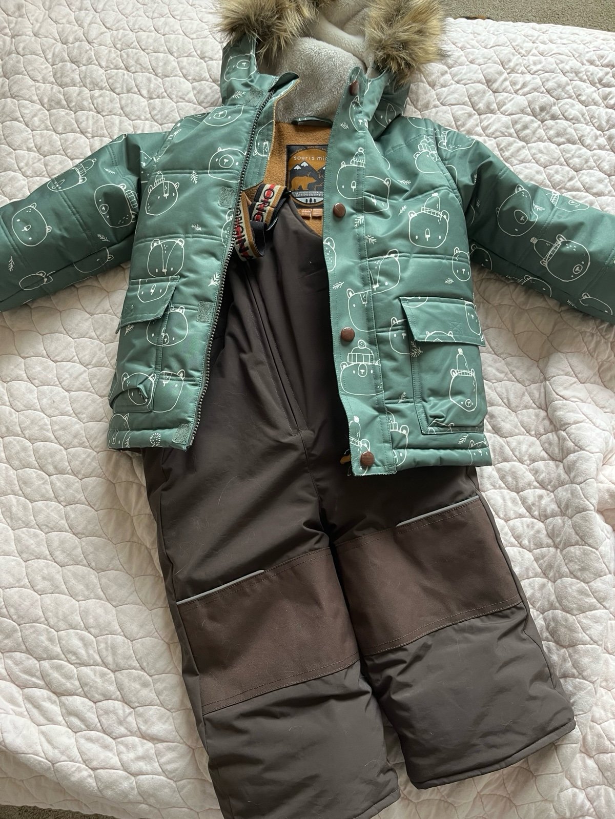 Souris mini two-pieces green patterned snowsuit, size 2-3