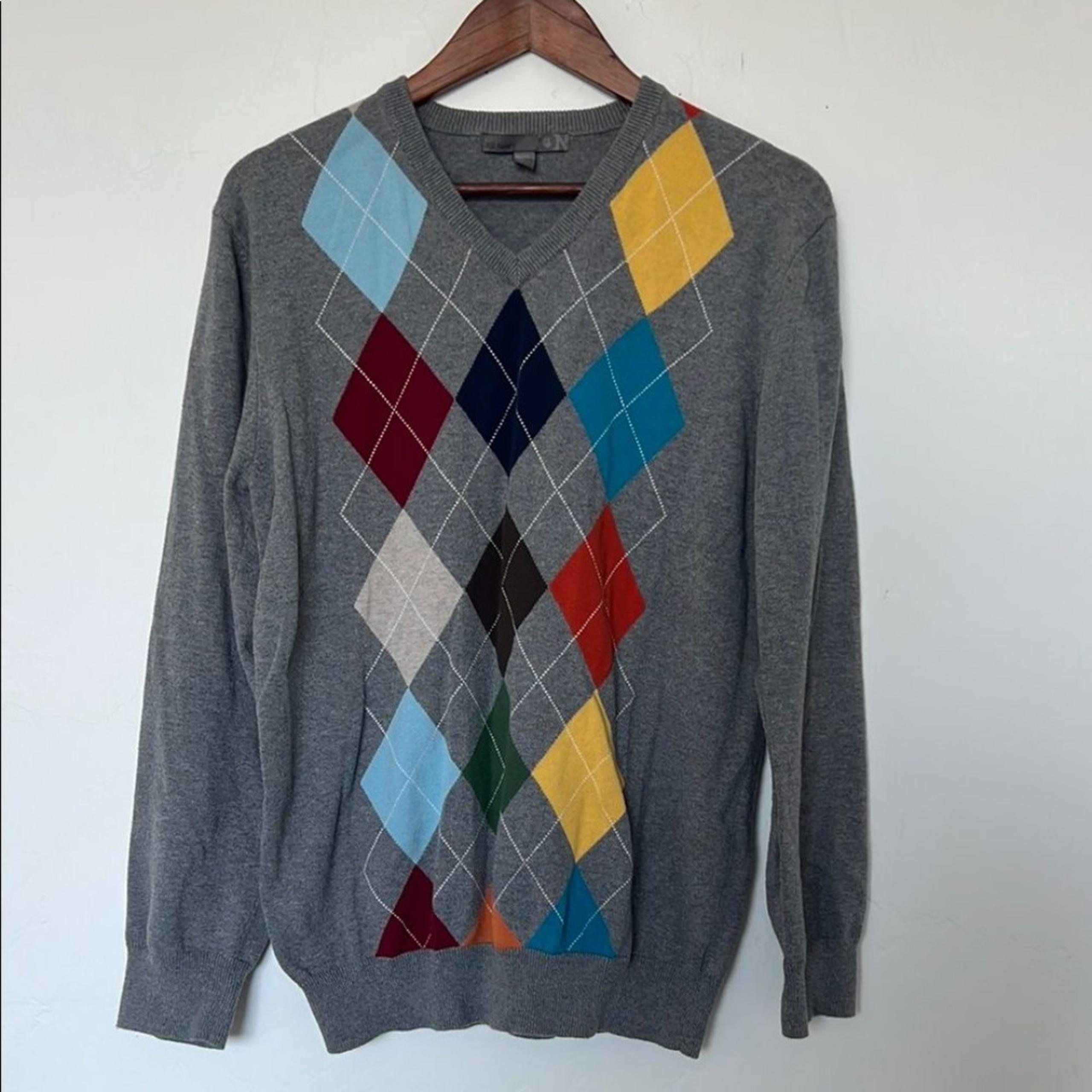 Old Navy Argyle V-Neck Sweater Men’s Size Large Gray Multicolor 100% Cotton