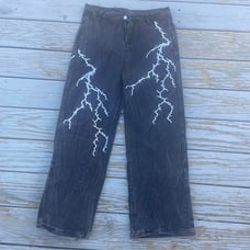 Vintage Y2k Baggy Washed faded wide leg Black denim Lightning Bolt size 32