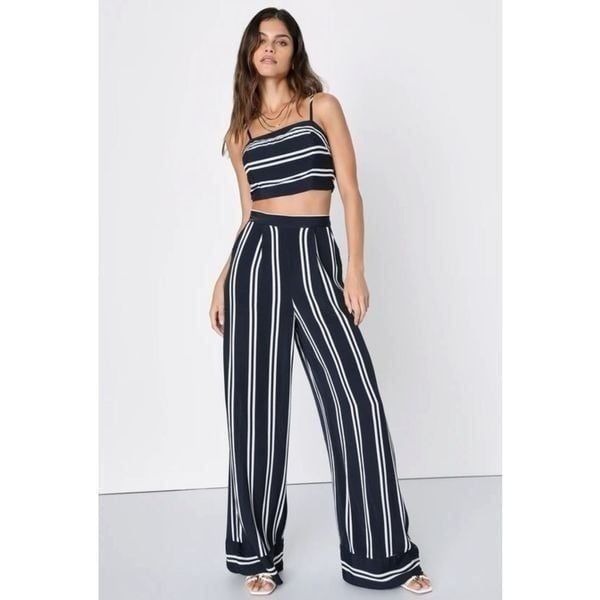 Lulus Coastal Living Navy Blue and White Striped Two-Piece Jumpsuit Size M