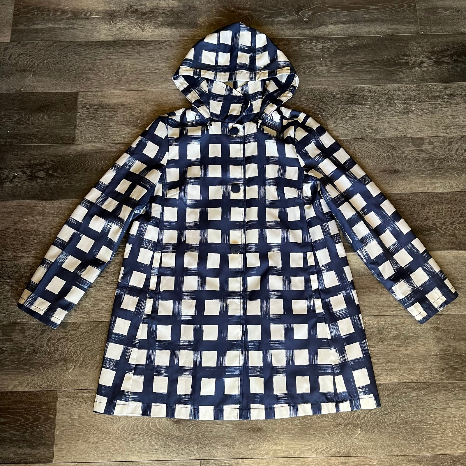 Kate Spade New York Navy Cream Grid Pattern Rain Jacket Coat Water Resistant