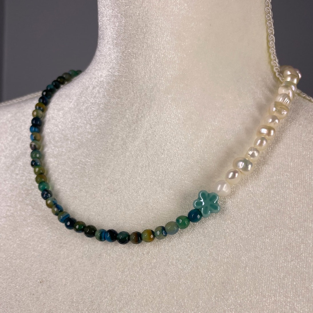 NWT, Artisan Pearl & Gemstone Necklace, Upcycled Ceramic Center, One of a Kind