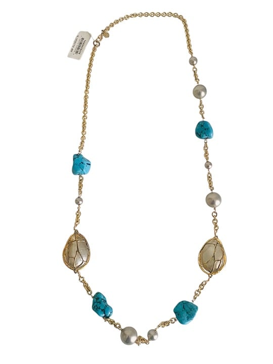 Vintage Alexis Bittar Gold Caged Faux Pearl Turquoise 34 Necklace NEW