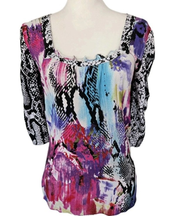 Alberto Makali Ruffled Squared Neckline Snake Print Puff Rouched 3/4 Sleeve Sz L