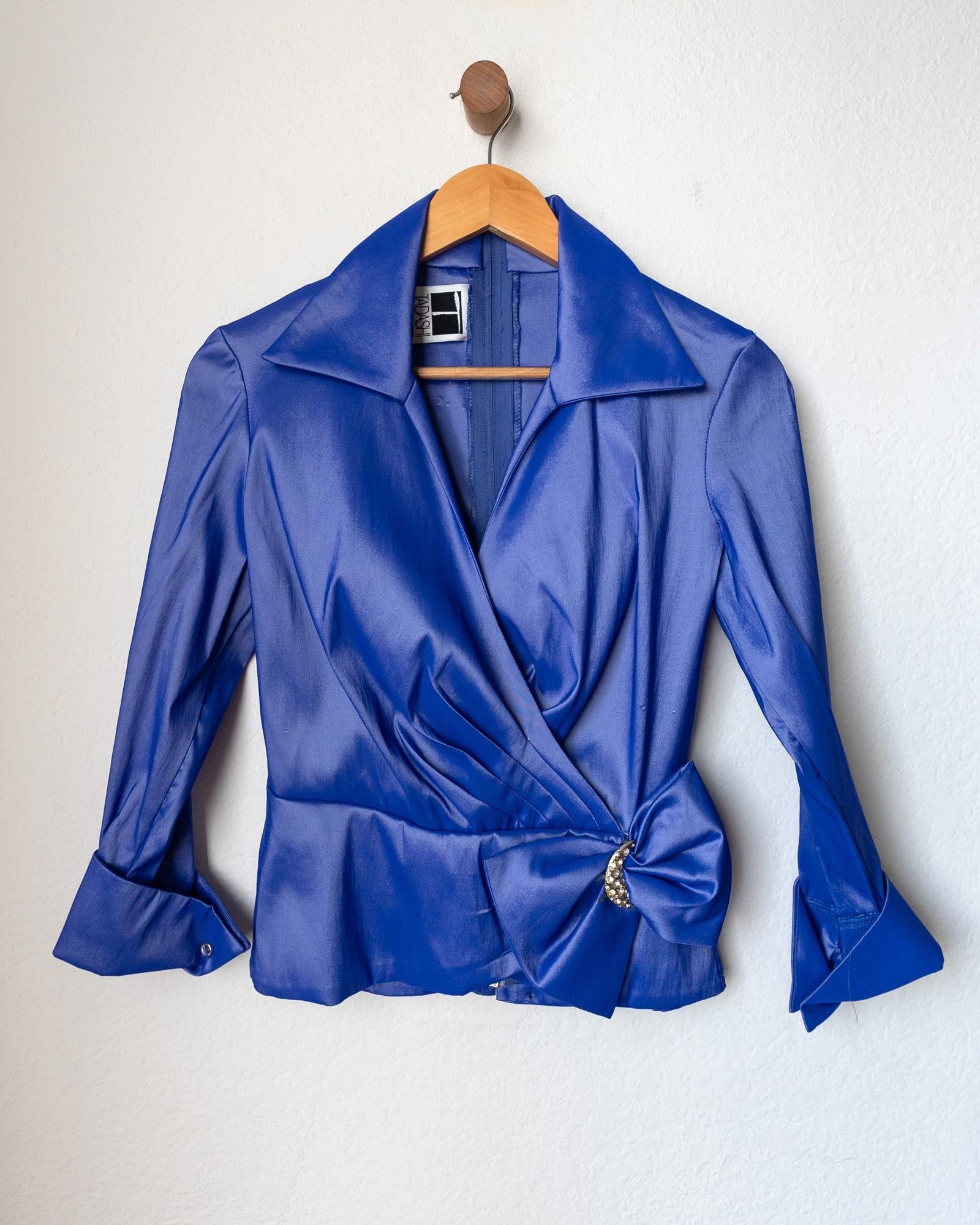 90s Vintage Tadashi Shoji Ruffled Embellished Bow Formal Dressy Evening Blouse