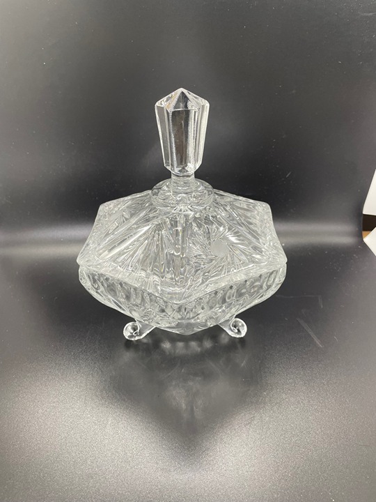 Clear Hexagonal covered candy/snack dish on 3 legs sunburst pattern