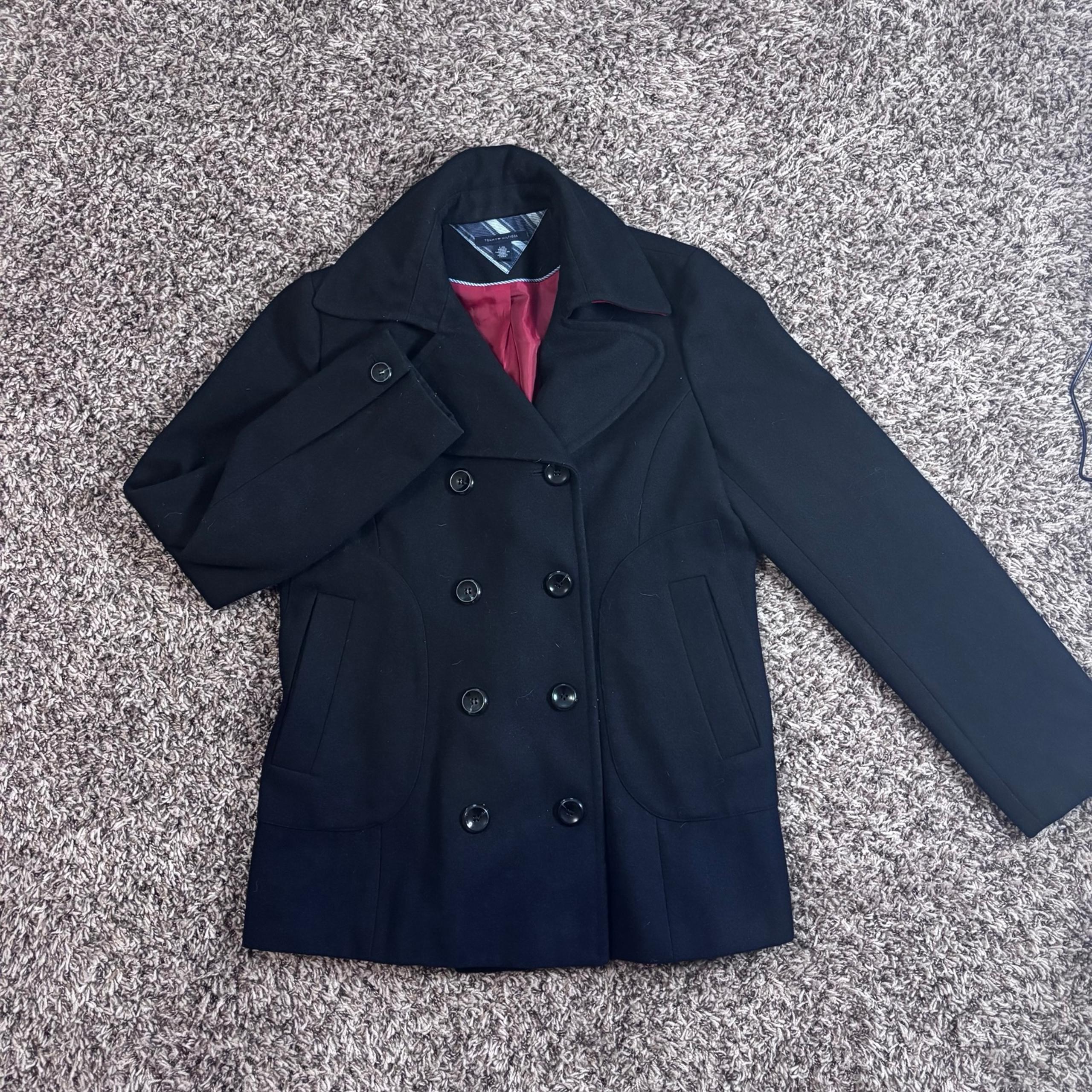 Tommy Hilfiger Women’s Large L Wool Blend Stylish Winter Pea Coat Black