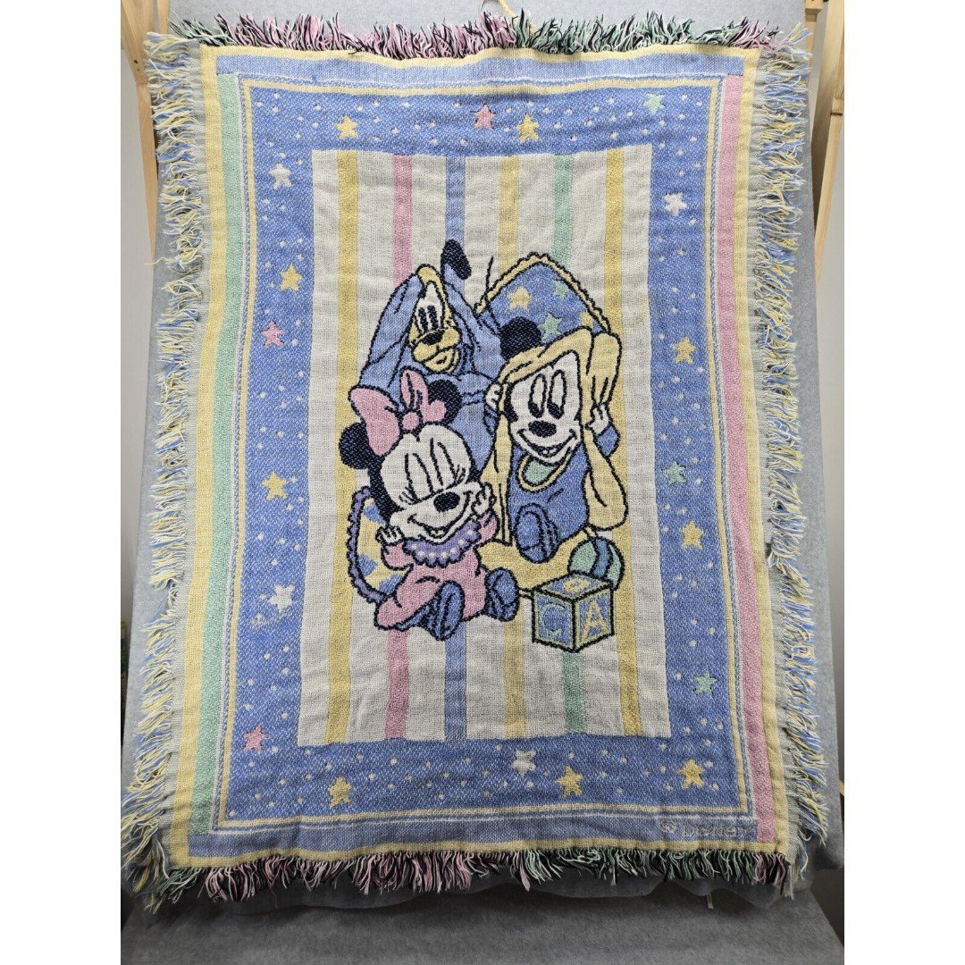 Vtg Disney Babies Woven Fringed Baby Pluto Mickey & Minnie Mouse Baby Blanket