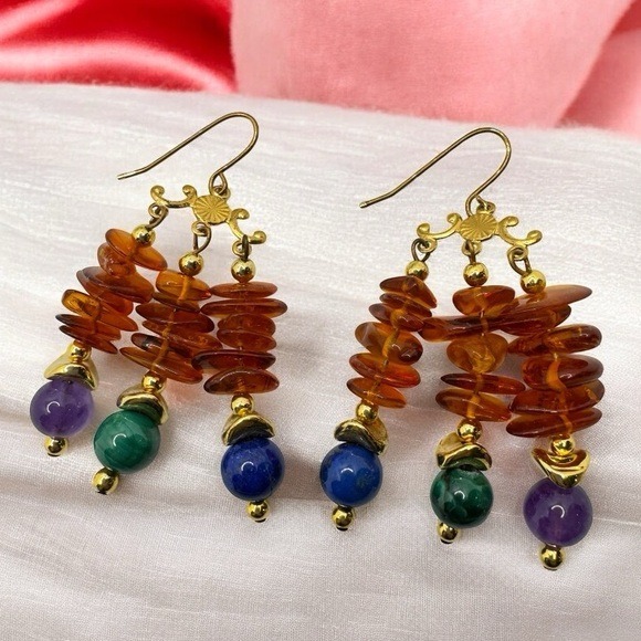 Lee Sands Earrings Beaded Amber Malachite Dangle Drop Pierced Vintage 90s