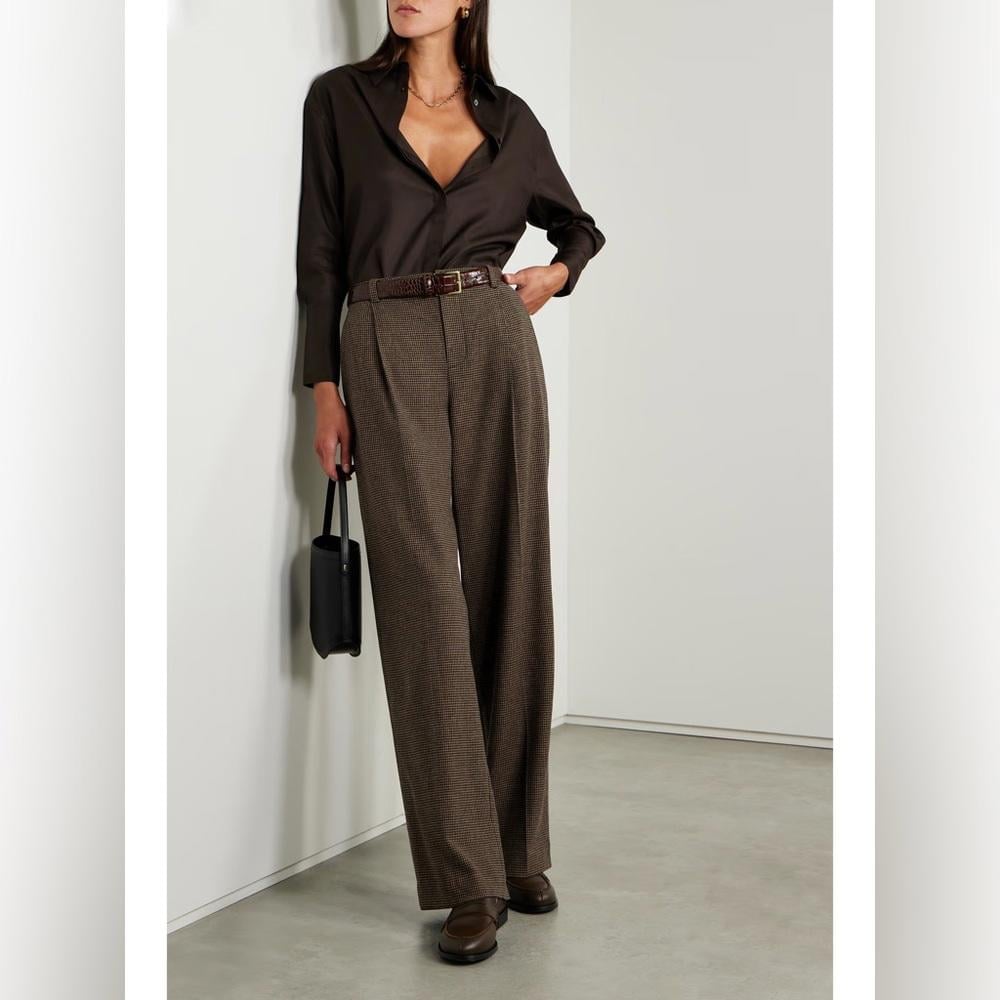 Vince Houndstooth Pleated Woven Straight Pants Size 12 Brown Black Womens Wool
