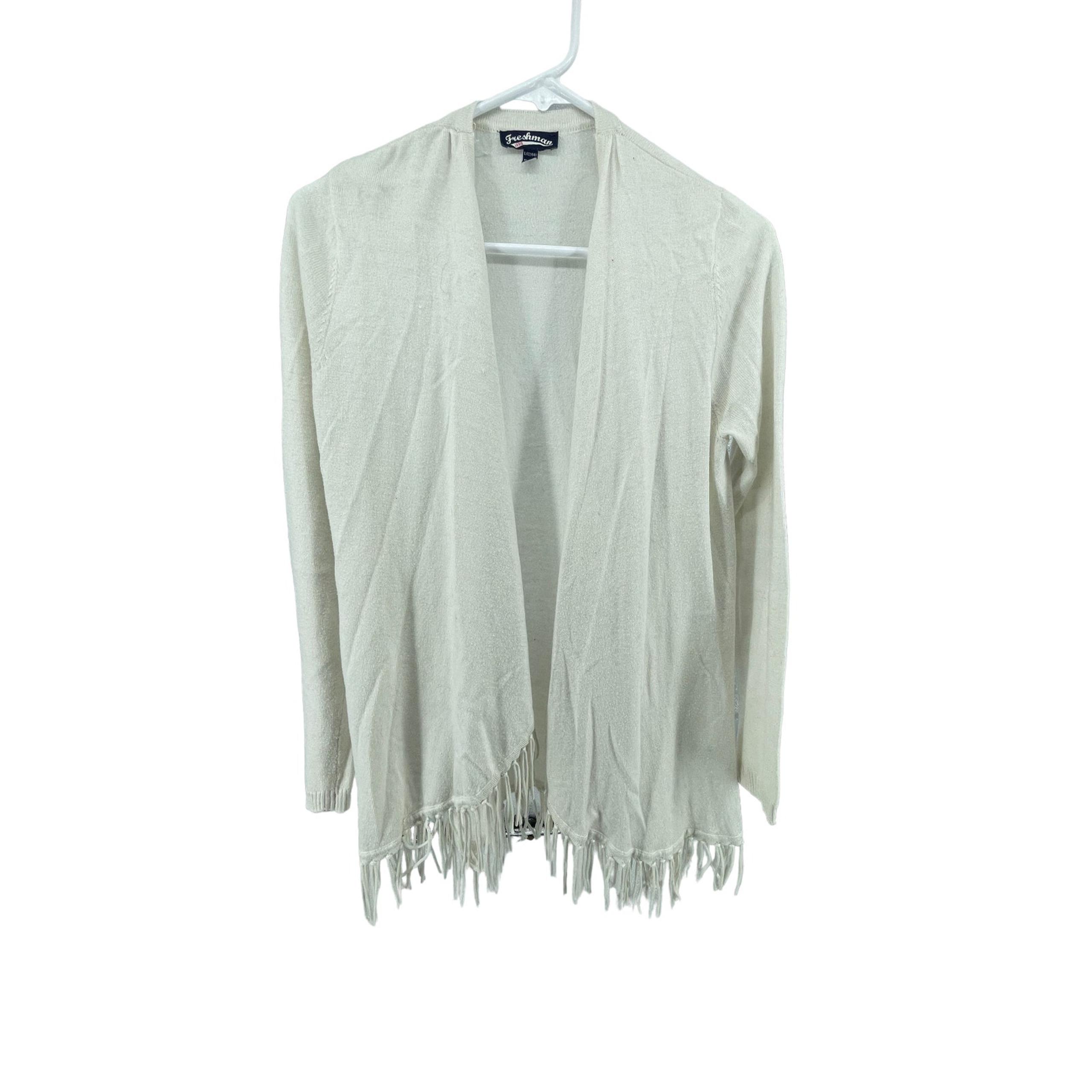 Freshman White Open Front Fringed Cardigan Sweater Women's Size Large 12/14
