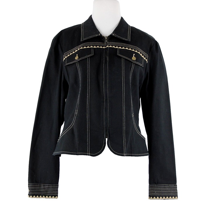 Christine Phillipe Sz 12 Tan Black Collared Zip Embroidered Cotton Lined Jacket