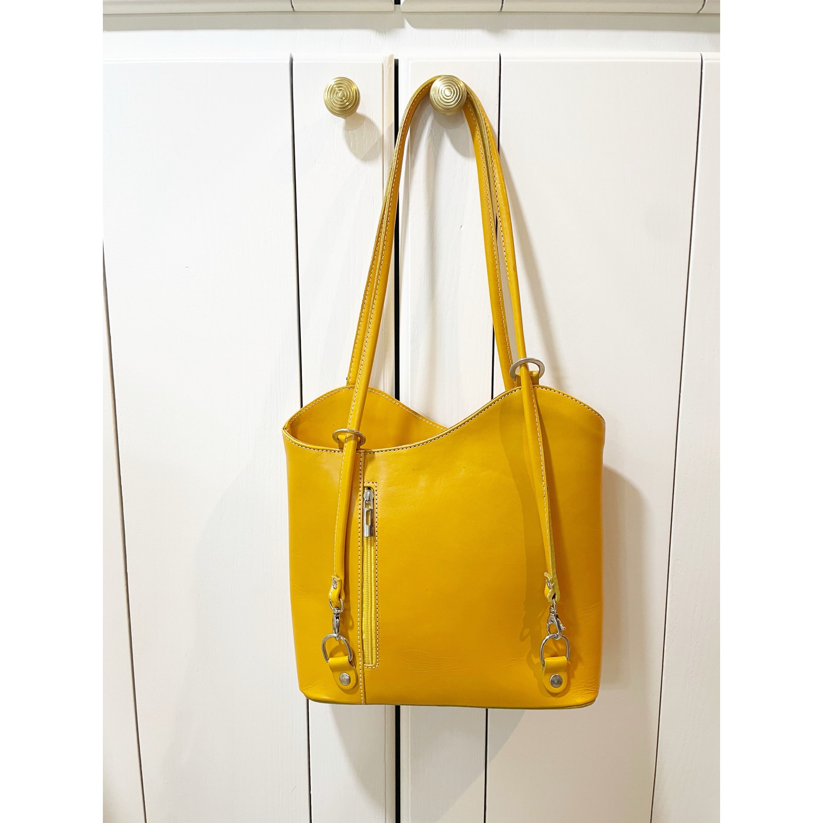 Vera Pelle Patty Leather Convertible Backpack Shoulder Bag Yellow Italy