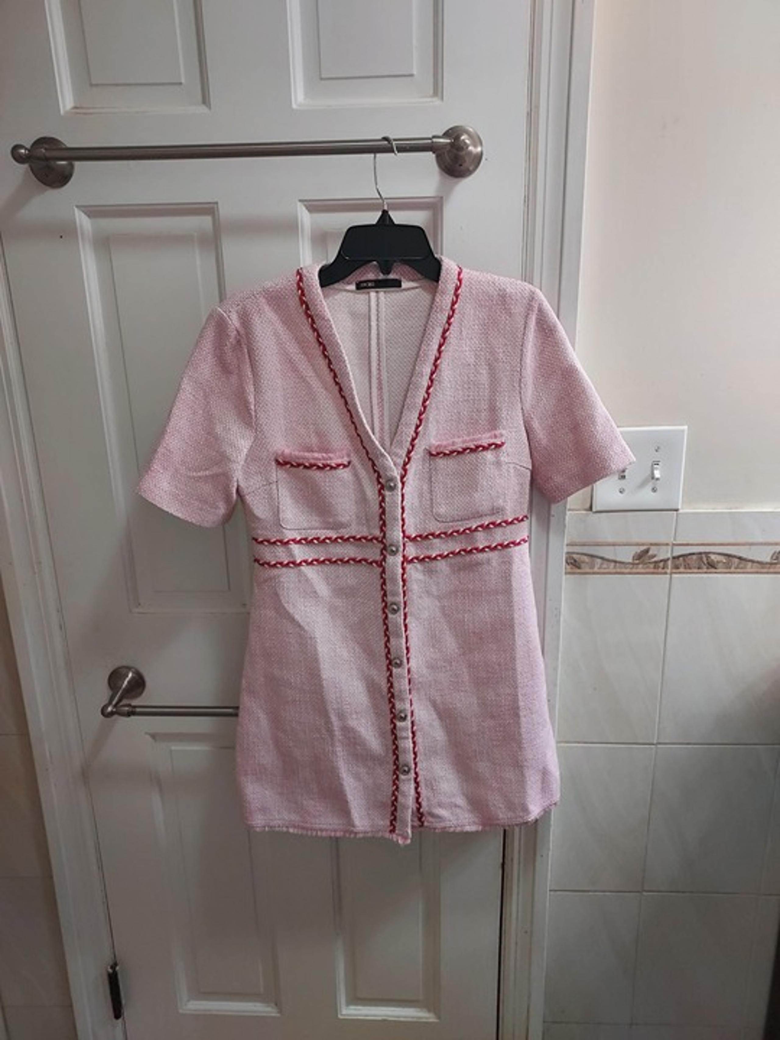 Maje Rirose Pink Fringe Trim Tweed V Neck Button Dress