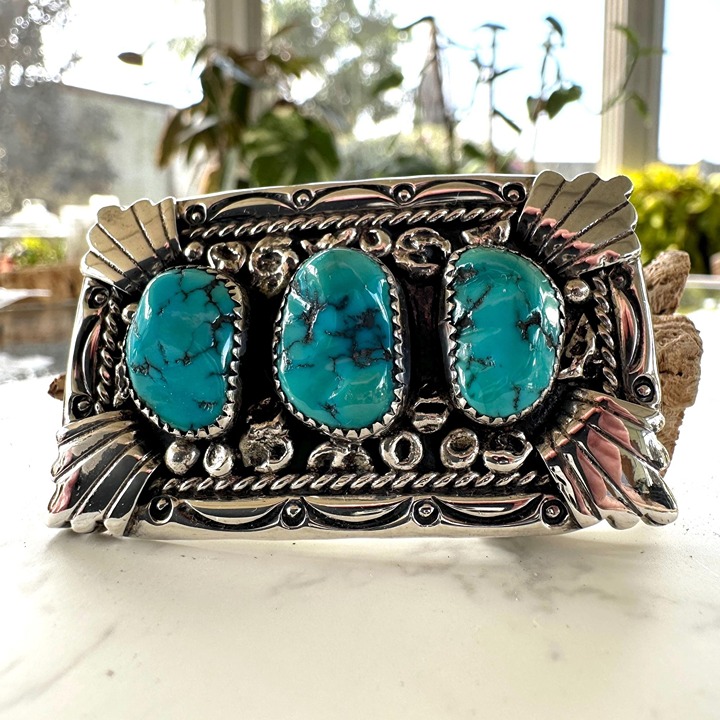 Native American Turquoise & Sterling Silver Belt Buckle by Charlie Mike Yazzie