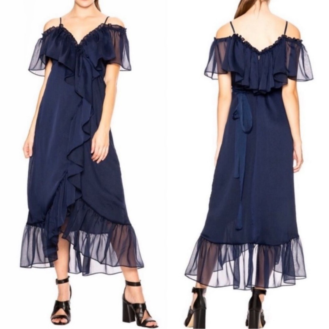 MISA Los Angeles Tayla Navy Ruffle Off The Shoulder Midi Wrap Dress SIZE S