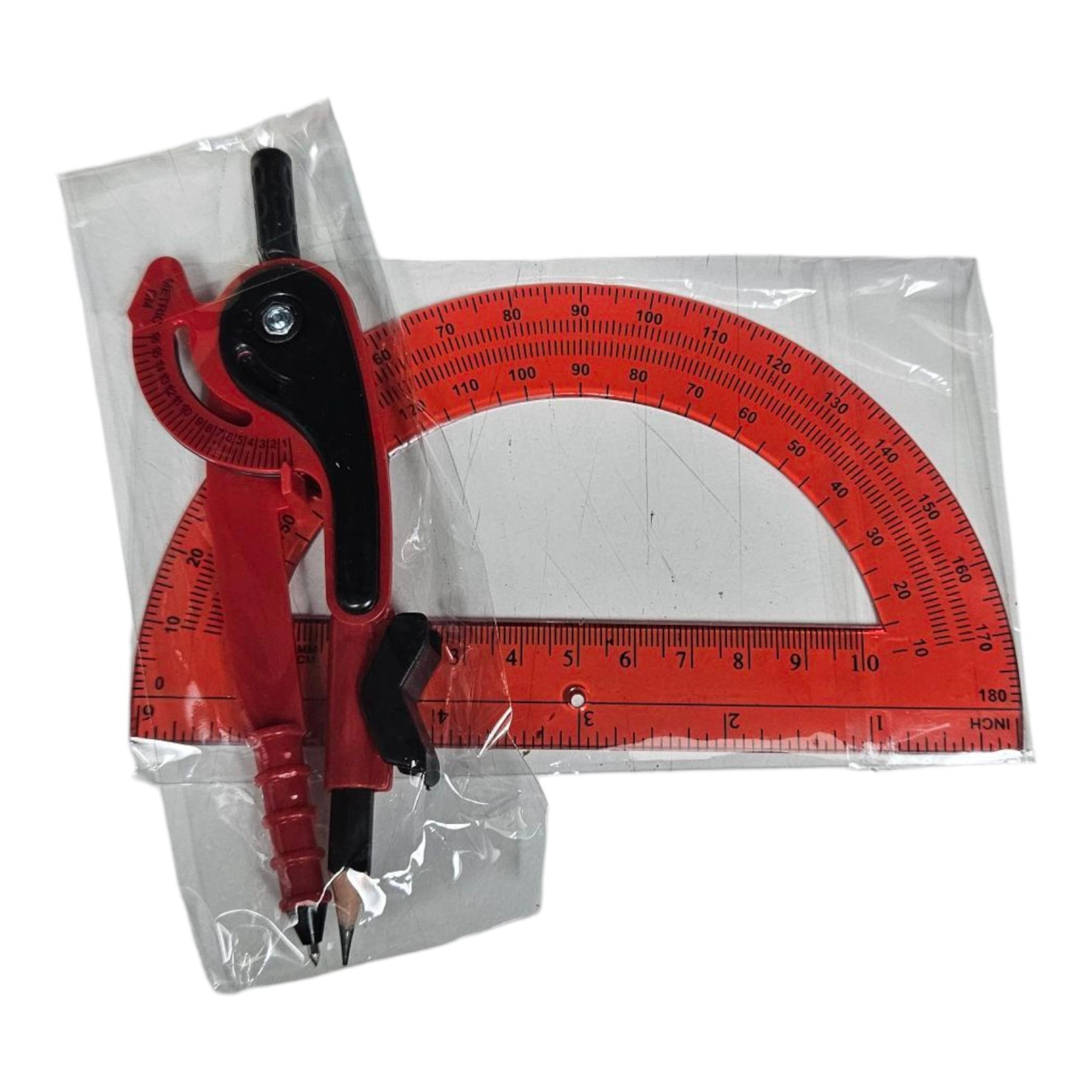 NWOT Student Compass & Protractor Set Math Geometry School 6"  180 Degree Red