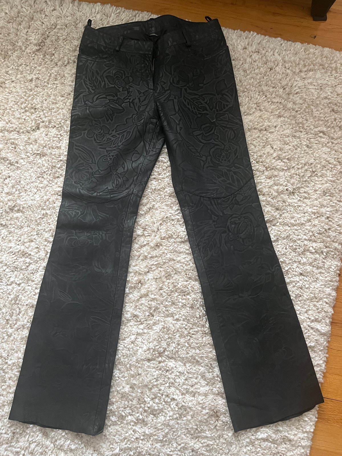 Express black leather flower printed flare pants