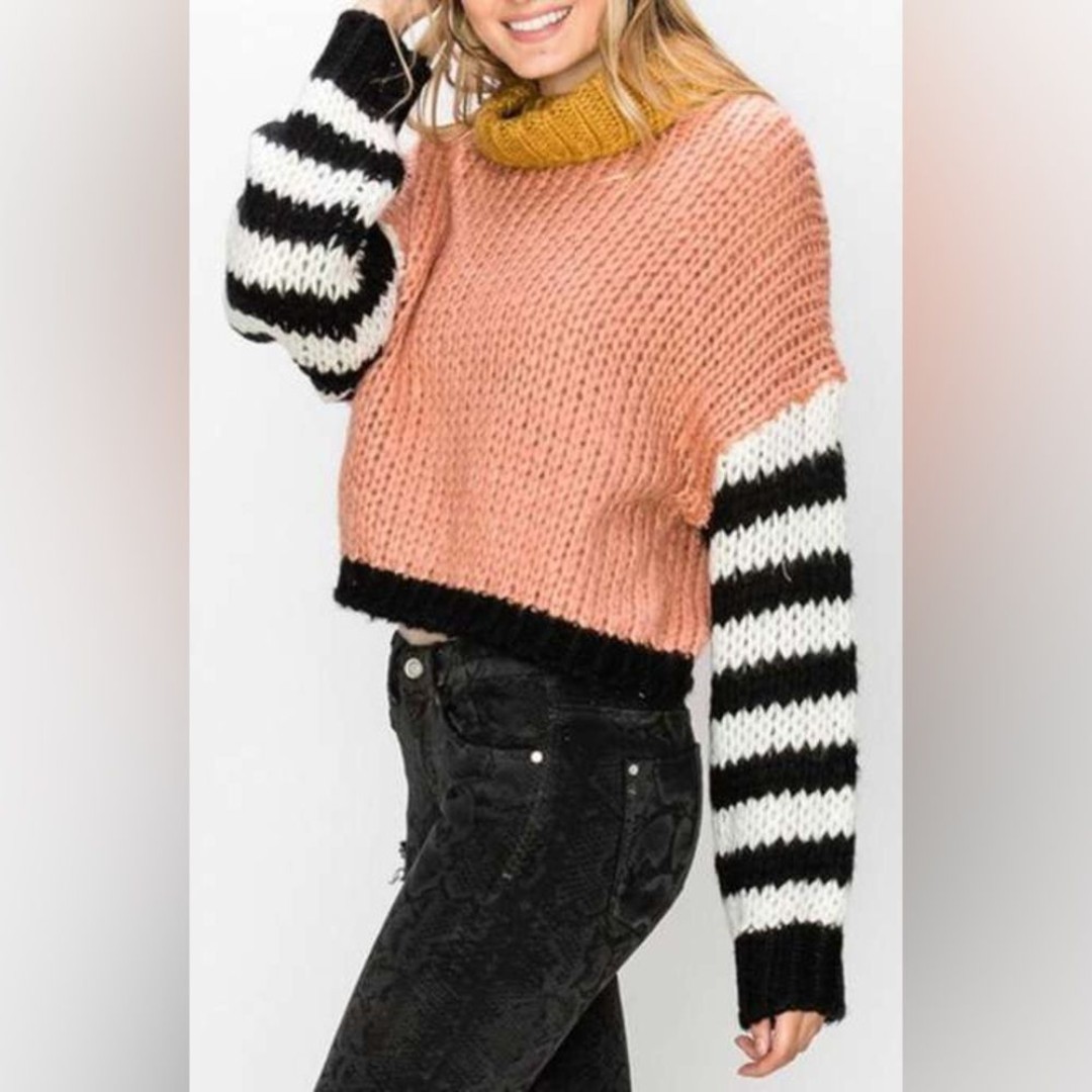 Favlux Knit Striped Turtleneck Women’s Copped Oversized Sweater (Size L)