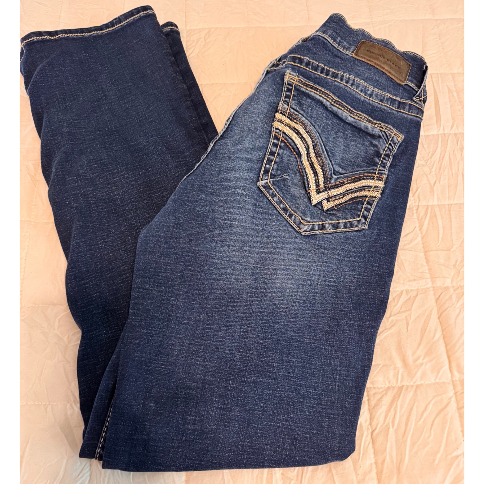 Buckle Black Bootcut Jeans Designer Back Pockets Dark Wash Size 33x32