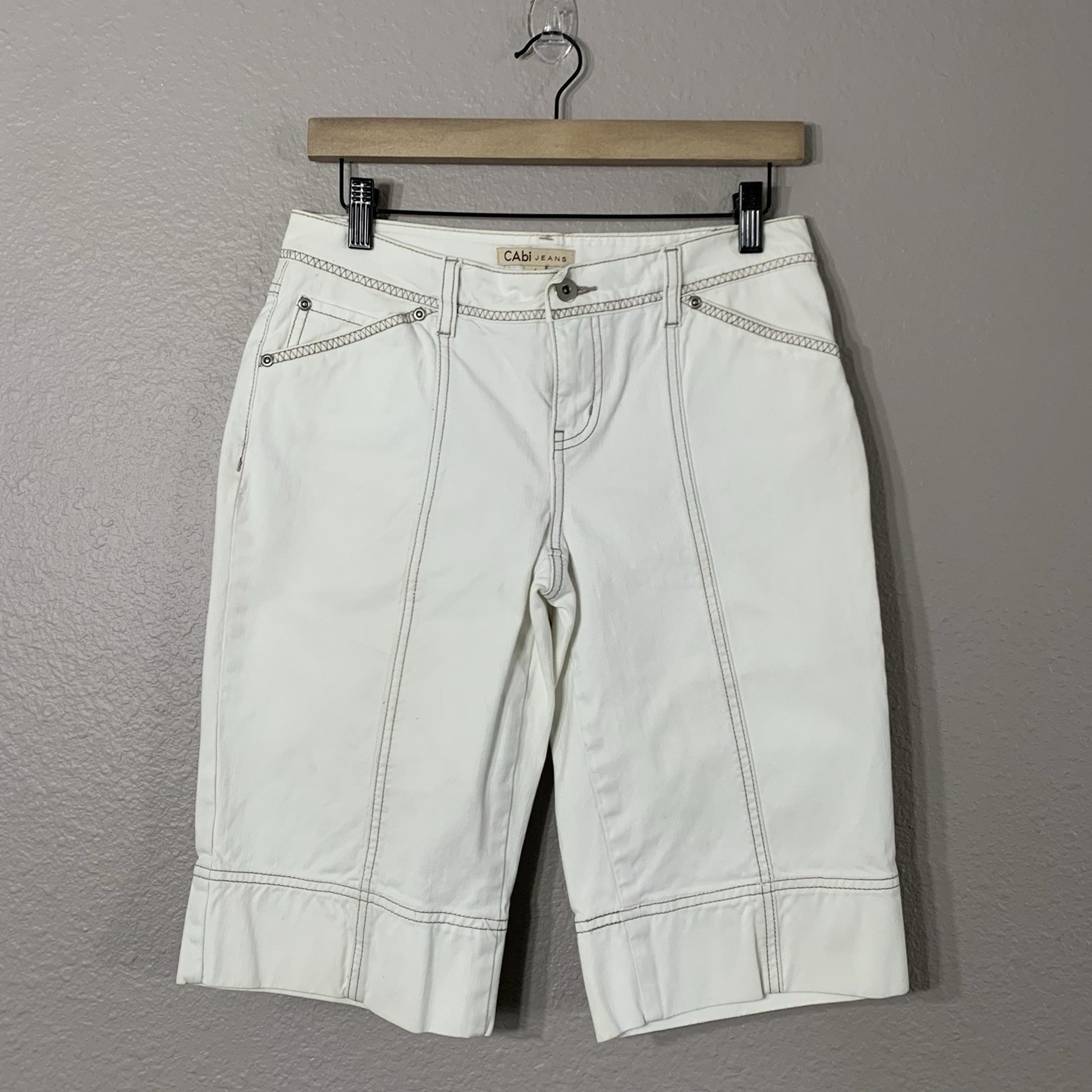 CAbi Jeans Women's White Denim Brown Trim Jean Bermuda Shorts Size 4 EUC