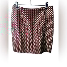 Vintage Ann Taylor Silk Pencil Skirt with red creamand black geometric print 6P