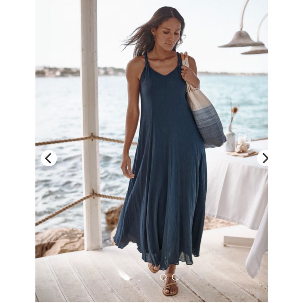 Garnett Hill Cotton Gauze Long Cover-Up Maxi Dress Navy Size PM Petite Medium