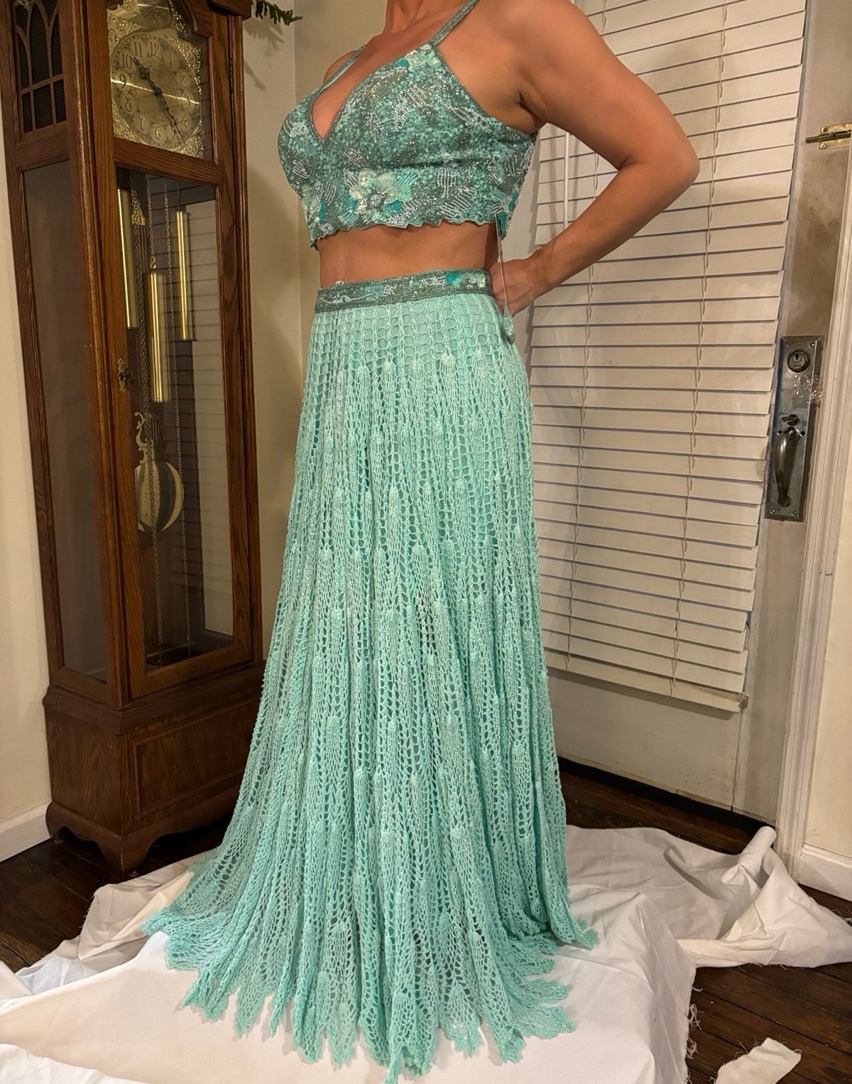 Stunning!Aqua 2Pc Sherri Hill Formal-beaded, Sequins, & Knitted Lace-Size 2-NWT