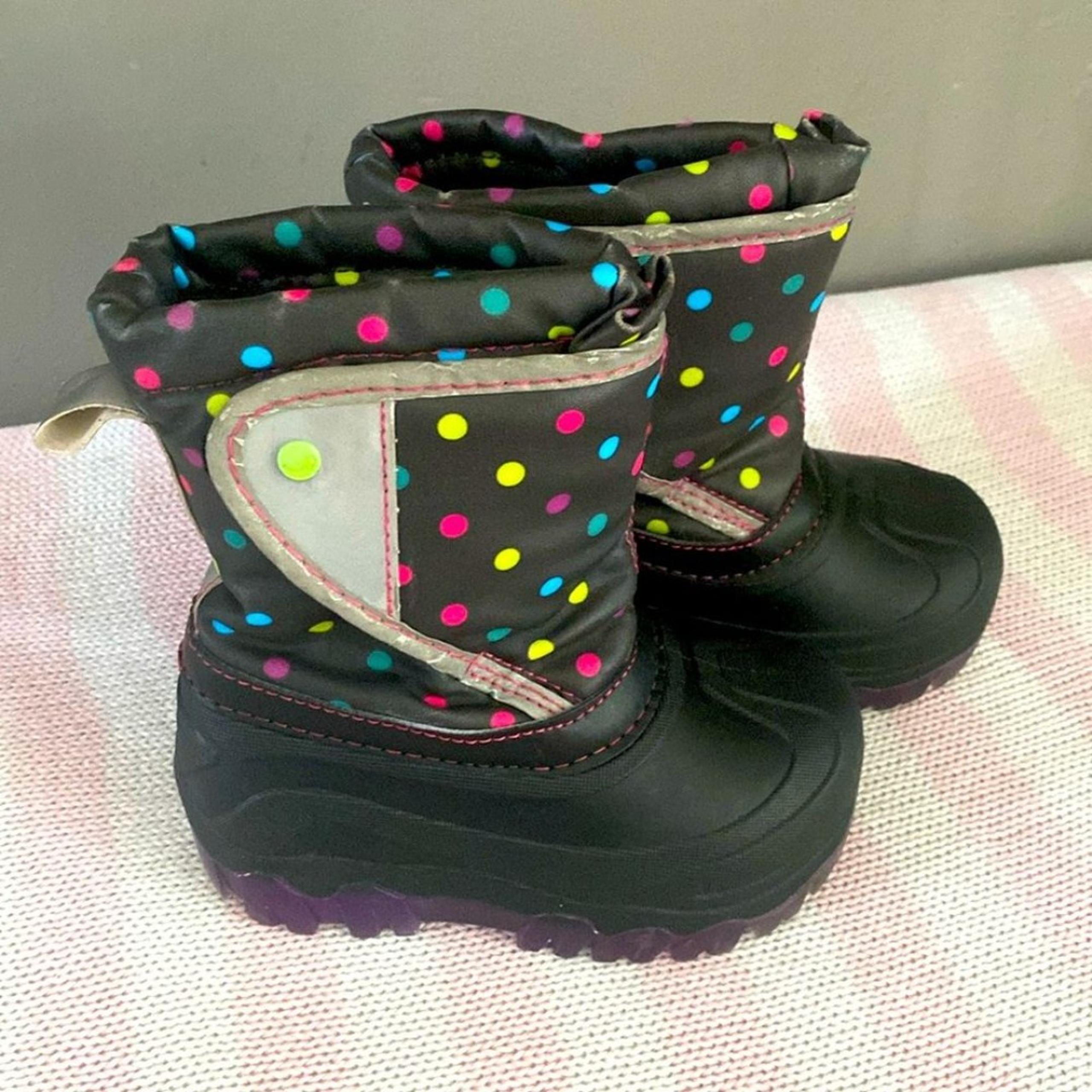 Members Mark Girls Black Polka Dot Light Up Lined Hook/Loop Snow Boot Size 7/8