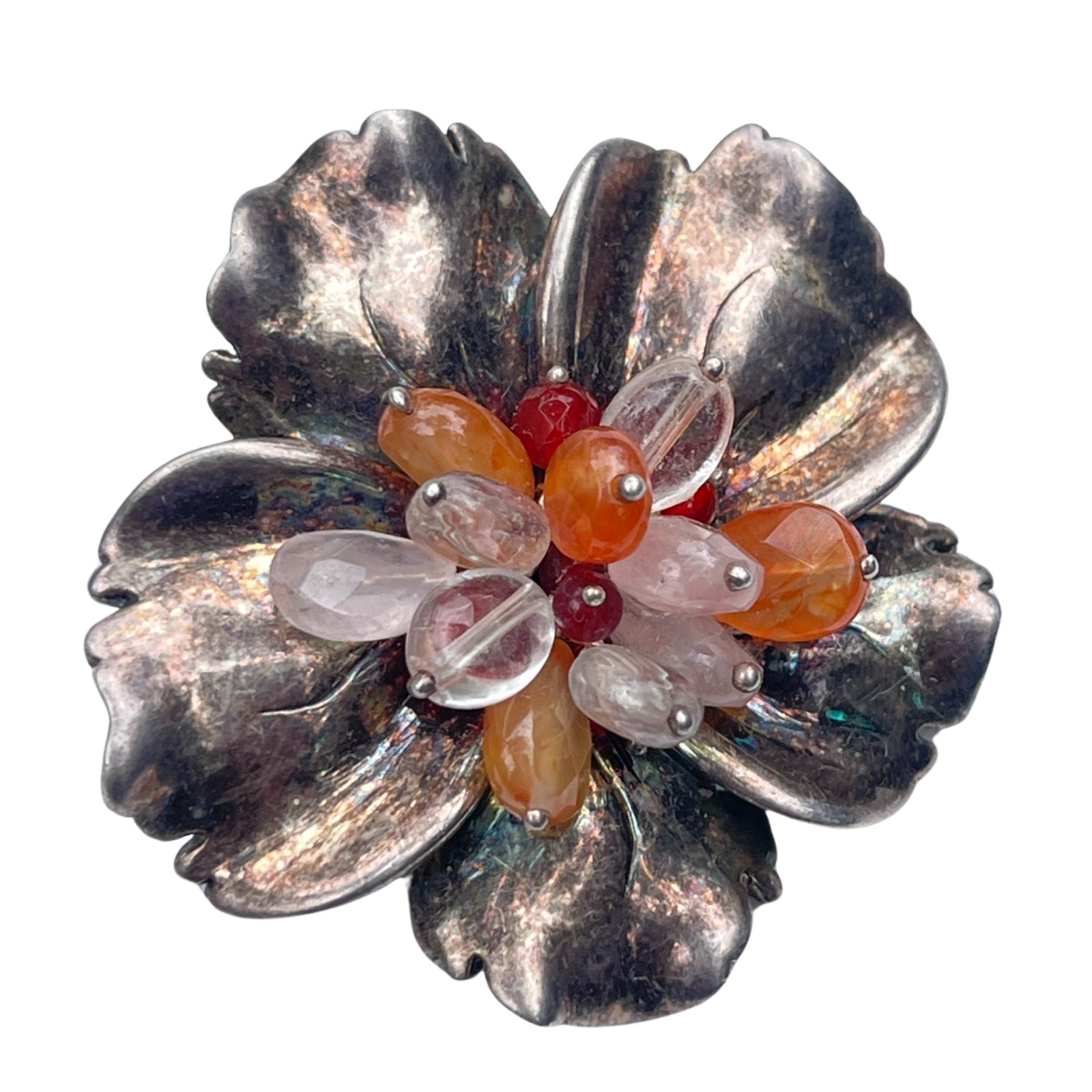 Vintage Sterling Silver Pendant Brooch Pin Flower Multi Stone