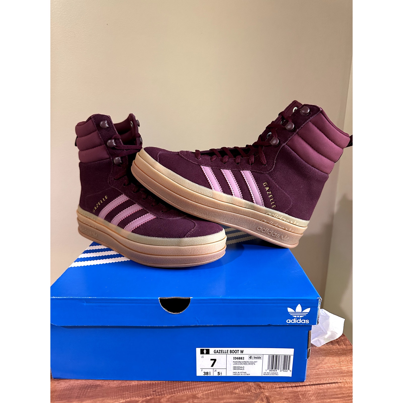 Size 7W - Adidas Gazelle High Boots Maroon Gum Women's Athletic Shoes ID6882