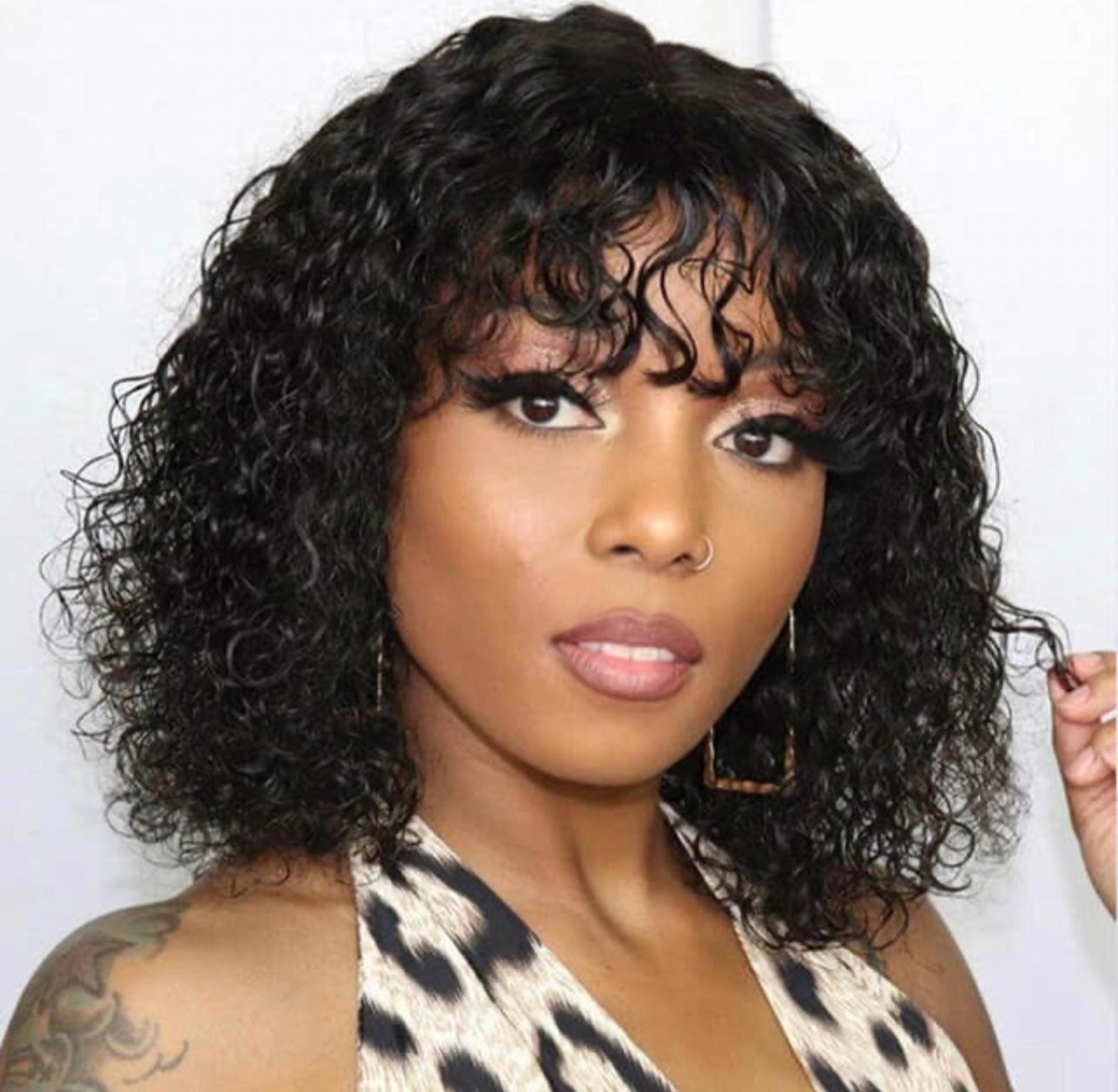 Jerry Curly Wig with bangs natural Black color full machine made fringe wig